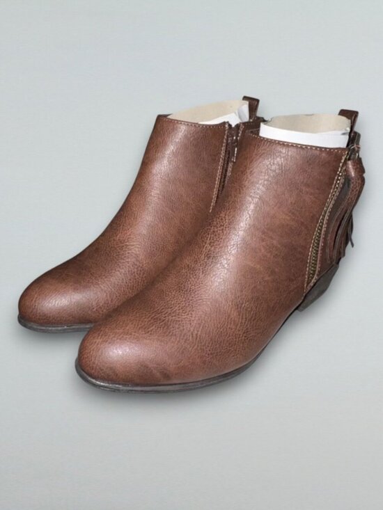 JustFab Shoes - Brown Ankle Booties Tassel Side Zip Low Block Heel Textured US 6.5